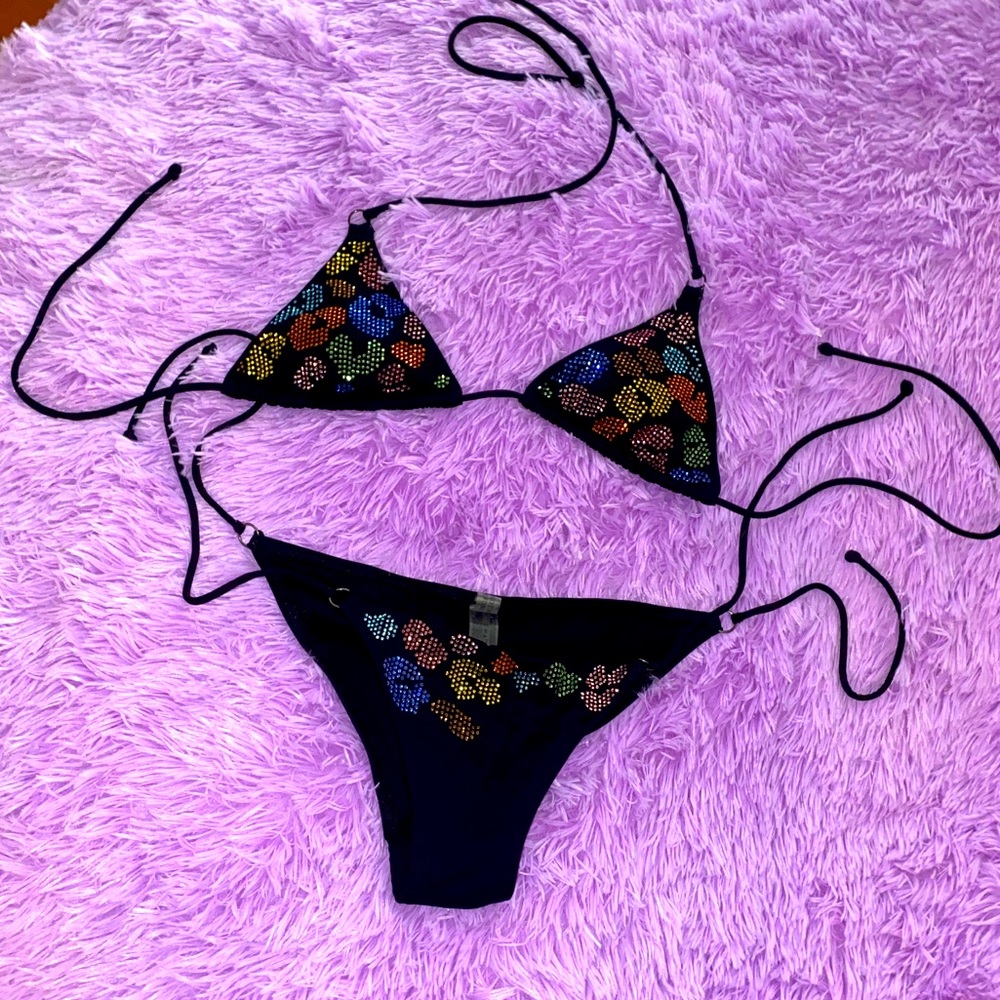 Vintage Victoria’s Secret Bedazzled Black String Bikini, Pristine Condition!